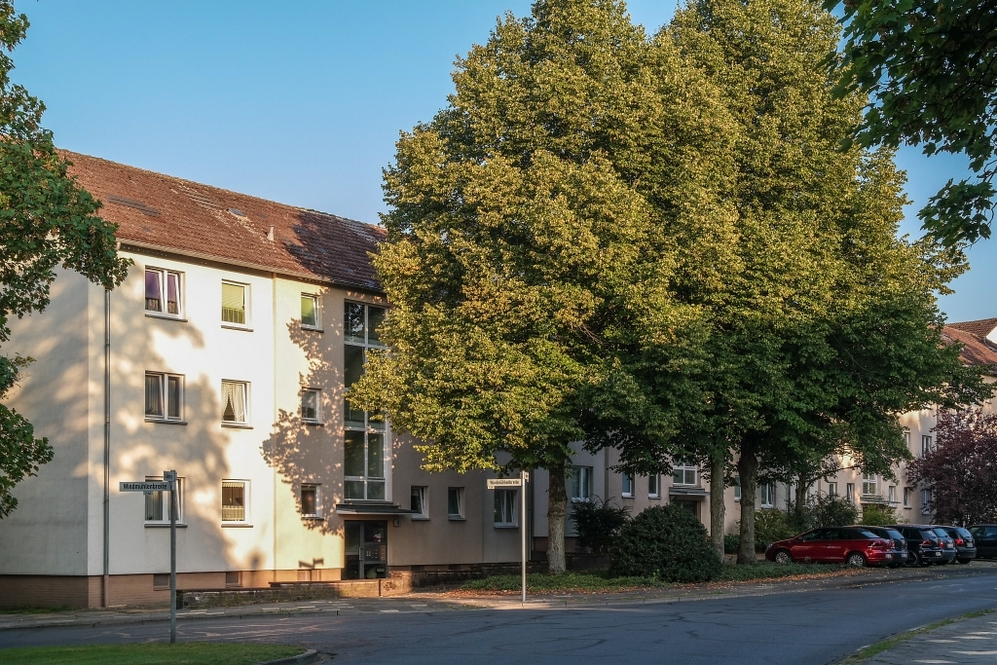 Mehrfamilienhaus mit Bäumen und geparkten Autos in ruhiger Wohnstraße bei Tageslicht.